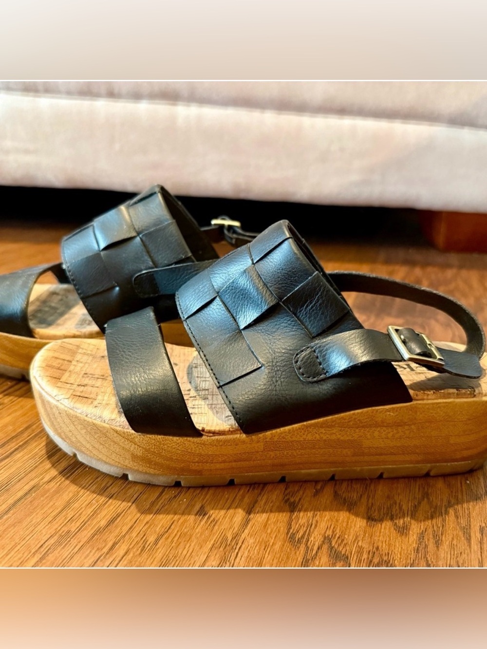 Korks Black Leather Woven Platform Wedge Sandals Cork Footbed